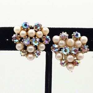 Vintage Pearl AB Heart Cluster Earrings Clip On Pink Aurora Borealis Faux Pearls